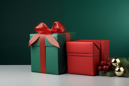Christmas gift boxes next to pine branches and golden baubles. Copy space for textの素材