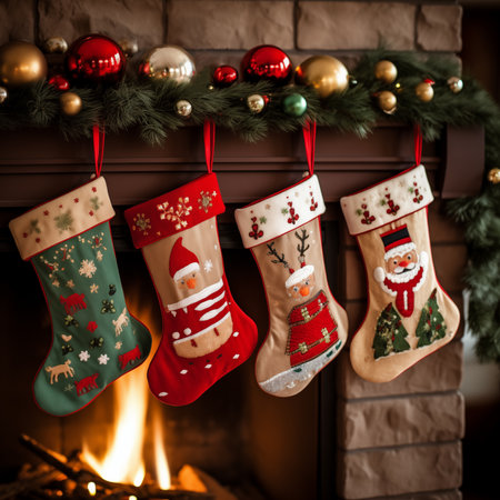 Christmas socks hanging in front of fireplace with christmas ornamentsの素材