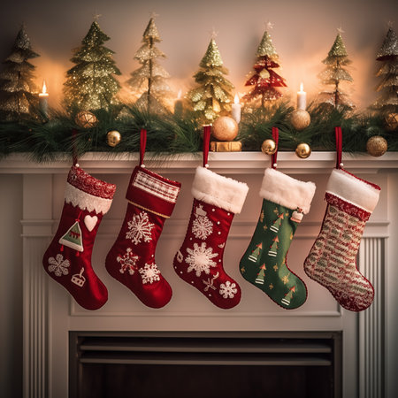 Christmas socks hanging on a fireplace in living room. Christmas and New Year concept.の素材