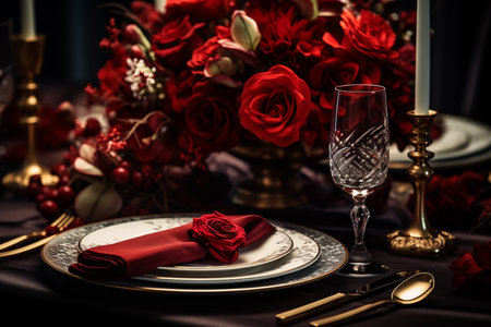 Festive table setting with red roses and cutlery on dark backgroundの素材