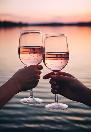 Two female hands holding glasses of rose wine on the background of the sunset.の素材