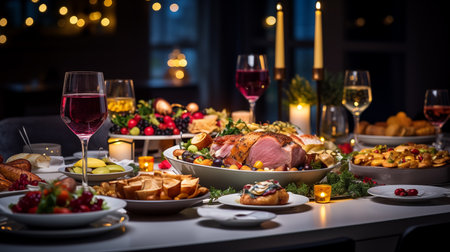 Festive table setting for Christmas or New Year dinner with variety of food and drinks.の素材