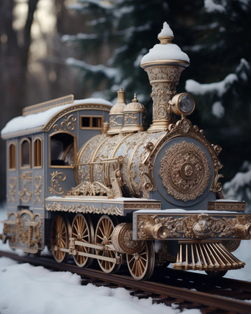 Vintage toy train on the rails in winter forest.の素材