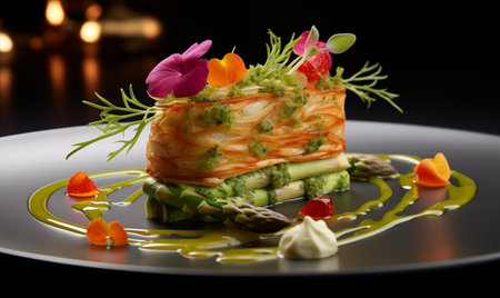 Grilled fish rolled with cheese and asparagus, cream sauce on a black plateの素材