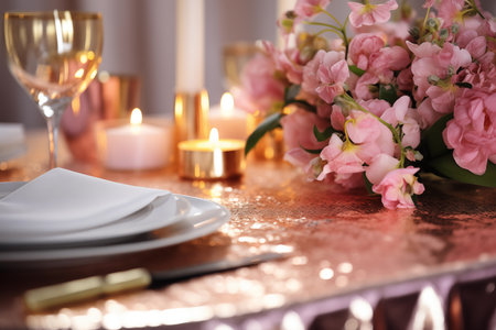 Beautiful table setting with pink flowers and candles on blurred backgroundの素材