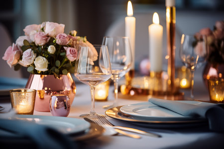 Elegant table setting with cutlery, candles and rosesの素材