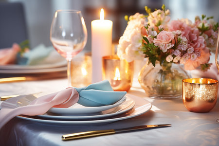 Elegant table setting with cutlery and flowers in restaurantの素材