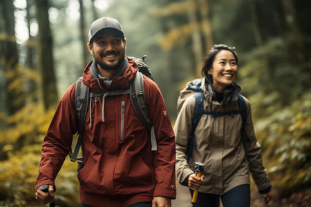 Happy couple hiking in the forest. Travel and adventure concept.の素材