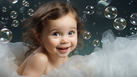 Portrait of a cute little girl playing with soap bubblesの素材