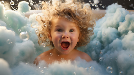 Cute little boy bathing in bathtub with foam and soap bubblesの素材