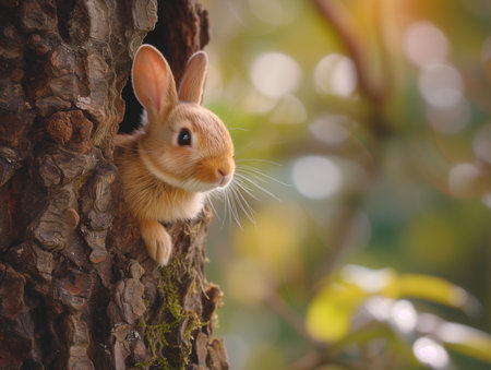 Cute bunny in the hollow of a tree. Close-upの素材