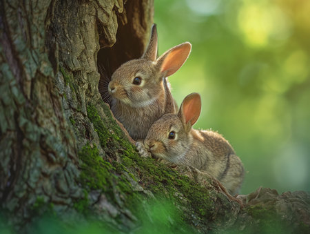 Two little rabbits peeking out of a hole in a tree.の素材