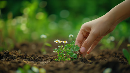 Close-up of woman's hand planting chamomile seedlings in soilの素材