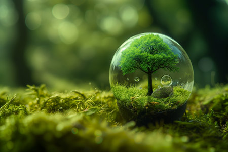 Glass globe with a green tree inside on moss background. Environment conservation concept.の素材