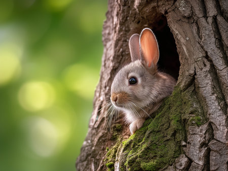 Cute baby rabbit in the hollow of a tree. Close upの素材