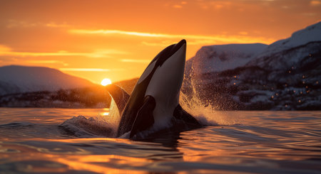 Orca killer whale jumping out of the water at sunsetの素材