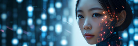 Cyber security concept with young woman and circuit board.の素材