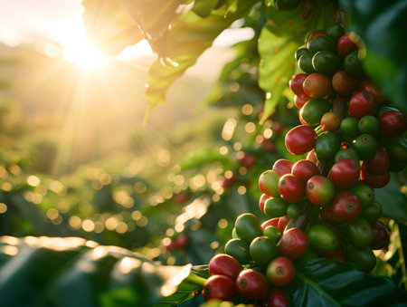 Coffee beans ripening on tree in the coffee plantationの素材