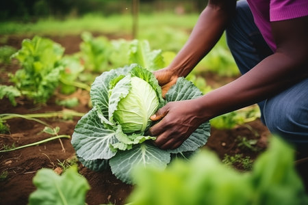 Close-up farmer hands holding fresh cabbage in the fieldの素材
