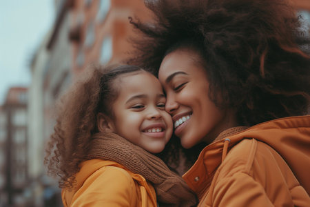 Happy African American mother and daughter hugging in the cityの素材