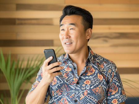 Asian man in floral printed shirt talking on the phoneの素材