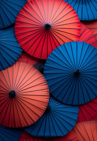 Traditional paper umbrellas in abstract arrangement. Festival spectrum.の素材