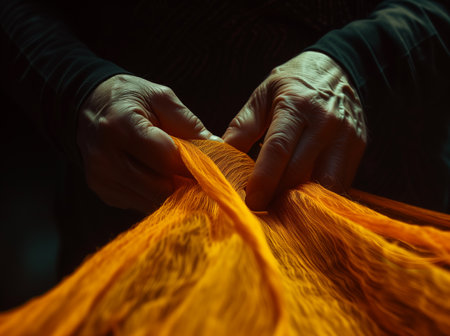 Close-up of a woman's hand weaving an orange scarf fabricの素材