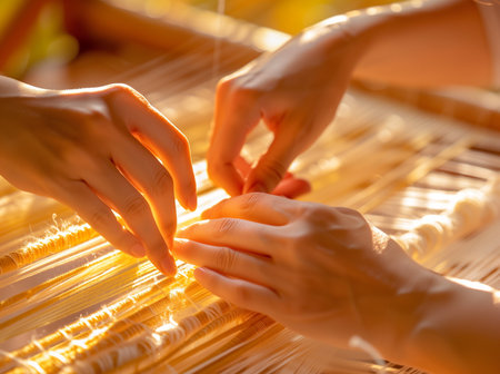 Close up of female hands weaving on loom.の素材