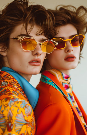 Fashion portrait of young stylish couple in orange coat and sunglasses.の素材