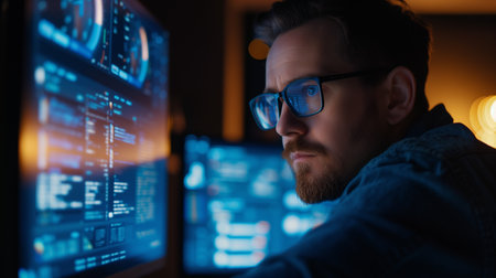 Side view of concentrated man in eyeglasses working on computer. Cyber security concept.の素材