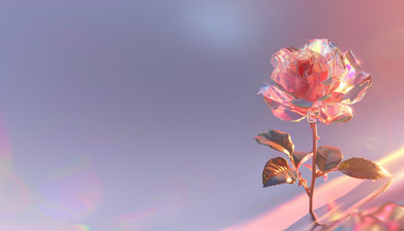 Holographic rose reflected on soft gradient background.の素材
