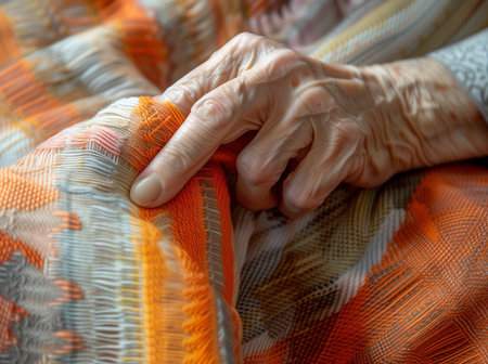 Close up of hands of an elderly woman knitted woolen scarfの素材