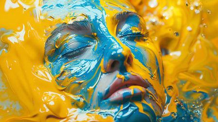 The girl's face is immersed in glossy azure-yellow resin waves that illustrate colorful dreams.の素材