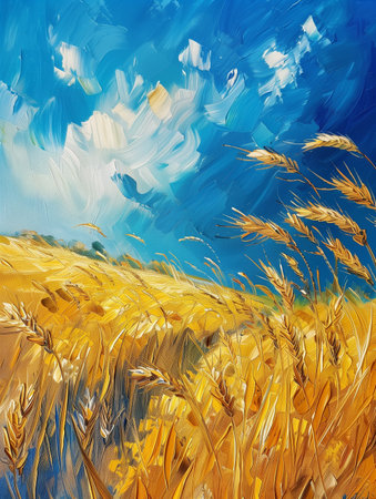 Oil painting of wheat field with blue sky and clouds.の素材