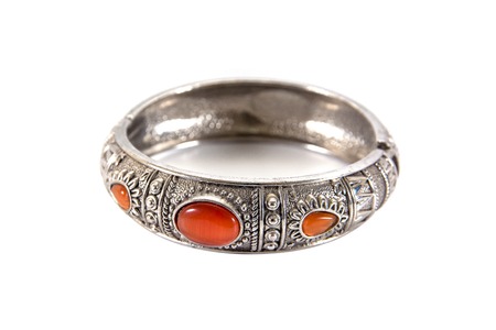 Ruby and silver bracelet isolated on white backgroundの写真素材