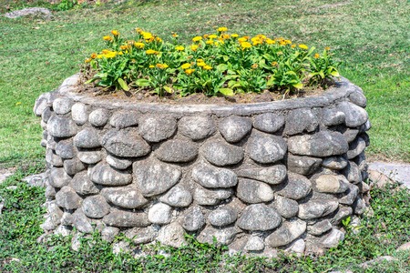 Stone flowers pot with plants of yellow flowersの写真素材