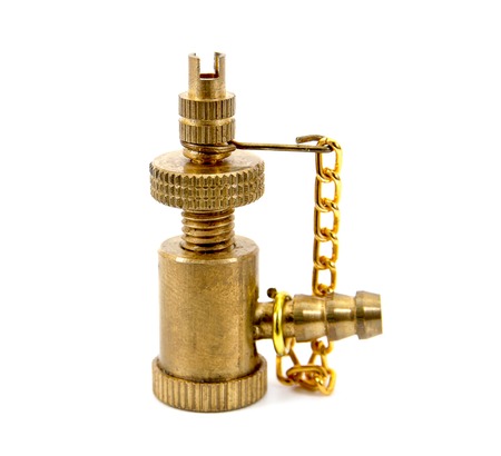 Brass bicycle tire pump head with chain isolated on white background.Air pump head isolatedの写真素材