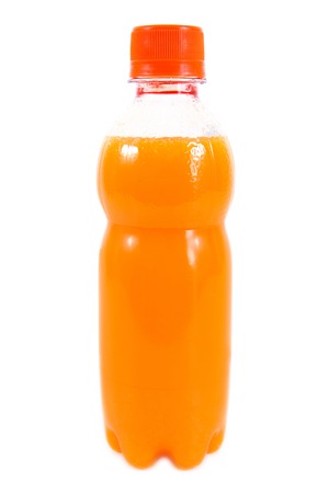 Orange juice in plastic bottle isolated on white backgroundの写真素材