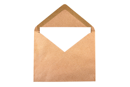 Brown envelope document with white paper isolated on white backgroundの写真素材