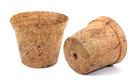 It is two of wood flower pot isolated on white background. Recycle flower pot made of wood fiber isolatedの写真素材