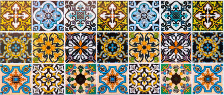 panoramic colorful ceramic tiles texture background. Panorama multicolor striped ceramic glazed tile...