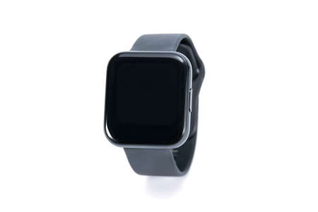 Smart watch isolated on white background. Black smartwatch square shape design isolatedの写真素材