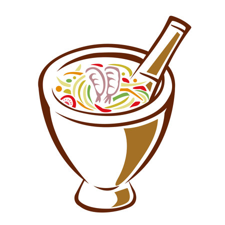 Thai food, Somtum, Papaya salad and ingredients pepper, tomato, lemon and garlic on white background.のイラスト素材