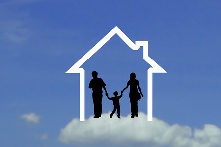 Hand and icon house over a family の写真素材