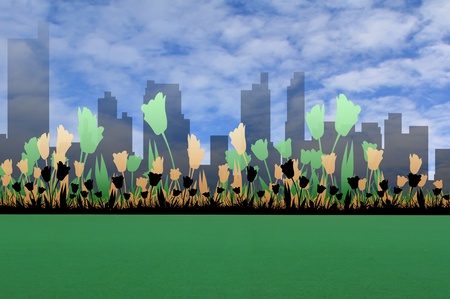 Building silhouettes of a city and flowerの写真素材