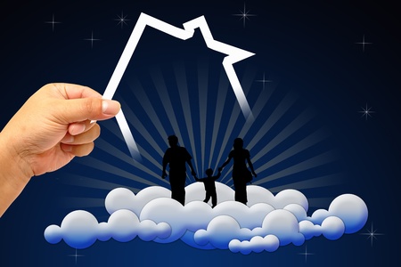 Hand and icon house over a familyの写真素材