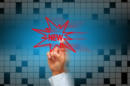 Man hand pushing the word NEWの写真素材