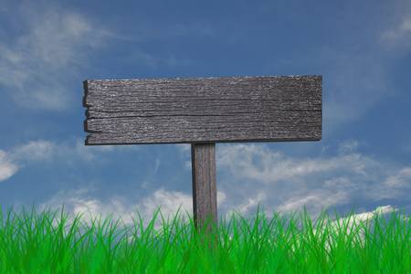 blank wooden sign and green grass on blue skyの写真素材