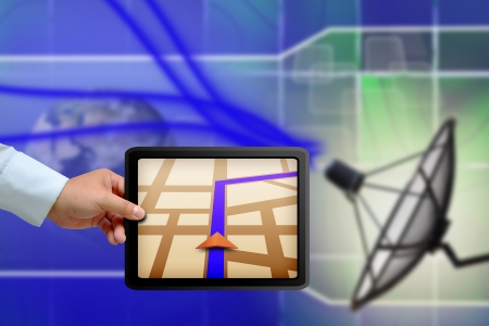 Touchpad gps with Satellite dish transmission dataの写真素材
