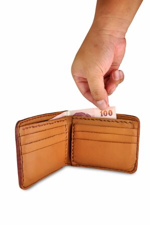 Brown leather wallet with money and Clipping Partの写真素材